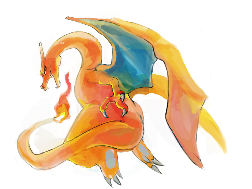 charizard claws commentary_request fangs fire full_body highres looking_back no_humans open_mouth pecohophop pokemon pokemon_(creature) simple_background solo white_background
