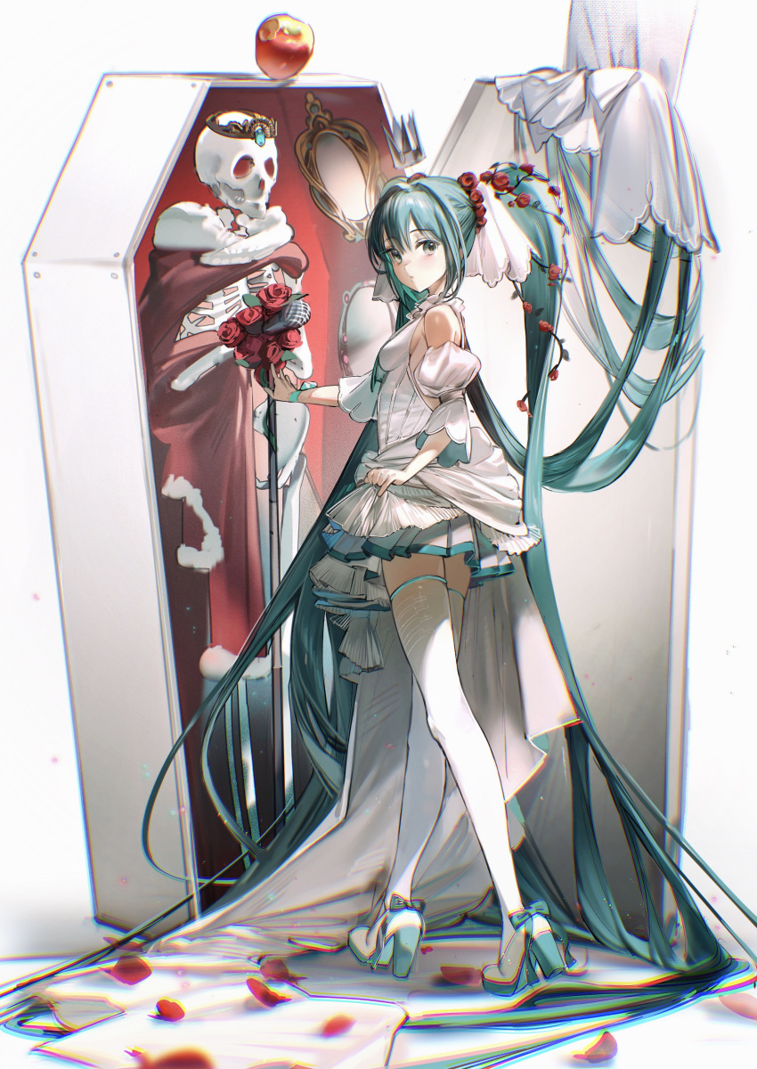 1girl absurdly_long_hair absurdres apple aqua_eyes aqua_hair blue_footwear blue_ribbon breasts cape coffin commentary_request crown curtains detached_sleeves dress flower food fruit hair_flower hair_ornament hatsune_miku highres long_hair microphone microphone_stand mirror petals pumps ribbon rose rose_petals rumoon short_dress sideboob skeleton solo thigh-highs train_(clothing) twintails very_long_hair vocaloid white_background white_dress white_footwear white_legwear