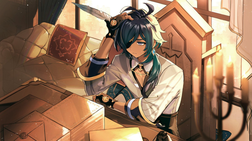 1boy antenna_hair bangs black_gloves blue_eyes blue_hair blurry blurry_foreground candle candlestand chair closed_mouth commentary couch curtains dark-skinned_male dark_skin desk earrings envelope eyepatch fingerless_gloves genshin_impact gloves hand_on_own_head hayama_eishi highres holding indoors inkwell jewelry kaeya_(genshin_impact) long_hair male_focus multicolored_hair ponytail quill single_earring sitting solo streaked_hair sweat window