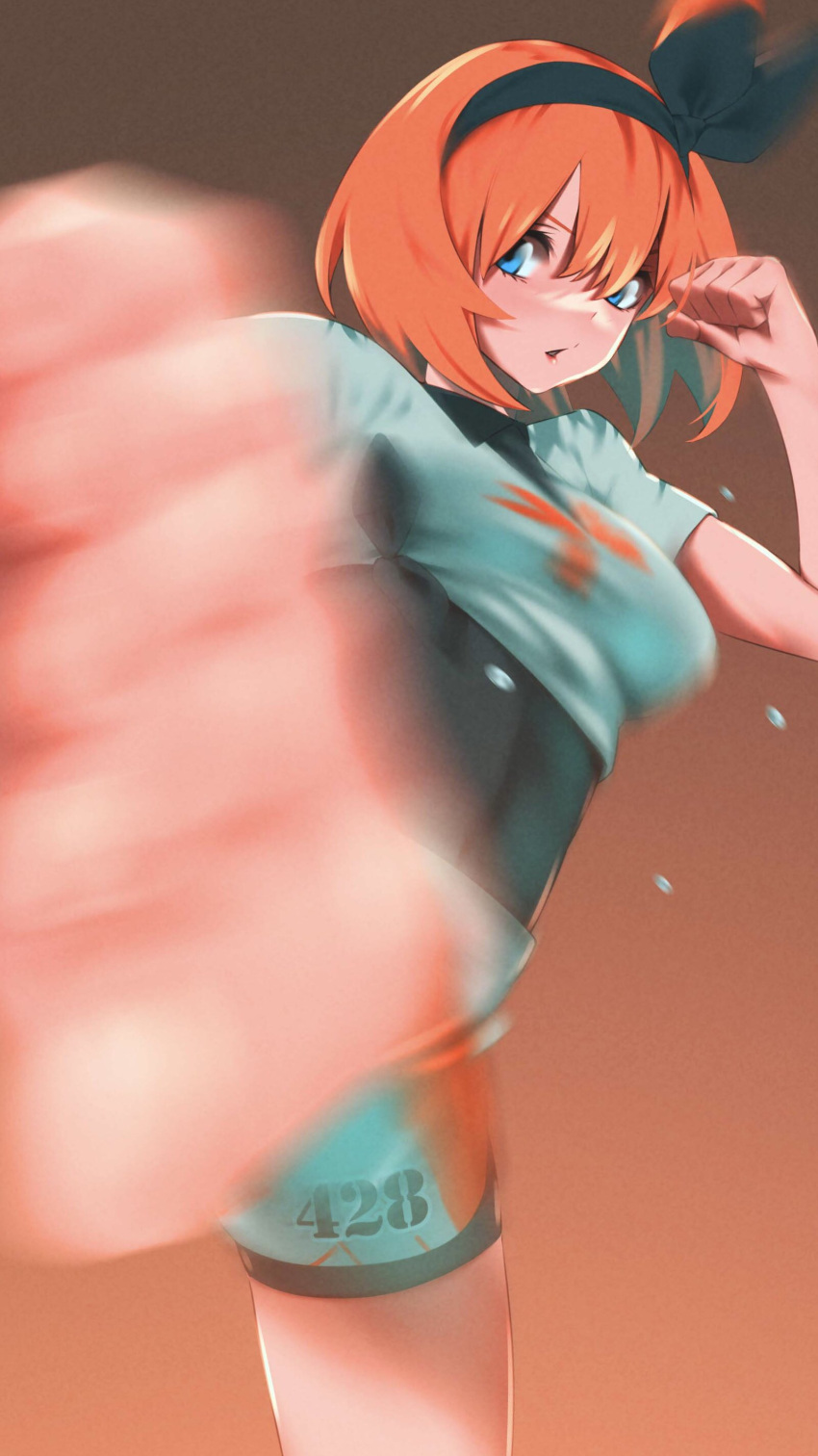 1girl absurdres bangs bea_(pokemon) bea_(pokemon)_(cosplay) black_bodysuit black_hairband blue_eyes blurry bodysuit bodysuit_under_clothes bow_hairband clenched_hand collared_shirt commentary_request cosplay eyelashes go-toubun_no_hanayome hair_between_eyes hairband highres kicking medium_hair motion_blur nakano_yotsuba orange_hair pokemon pokemon_(game) pokemon_swsh print_shirt print_shorts sakieda_yoyu shirt short_sleeves shorts side_slit side_slit_shorts solo