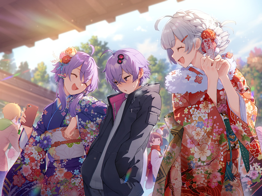 2boys 3girls alternate_costume alternate_hairstyle bangs black_coat blush braid cellphone cellphone_charm charm_(object) closed_eyes clouds coat day eyebrows_visible_through_hair floral_print fur-trimmed_kimono fur_trim hair_ornament hands_in_pockets highres holding holding_phone japanese_clothes kimono kizuna_akari long_sleeves minase_kou multiple_boys multiple_girls new_year obi open_mouth outdoors parted_lips phone purple_hair red_scarf sash scarf shirinda_fureiru short_hair_with_long_locks sky smartphone sweat sweater touhoku_kiritan tree violet_eyes voiceroid white_sweater wide_sleeves yuzuki_yukari yuzuki_yukari's_younger_twin_brother zundamon