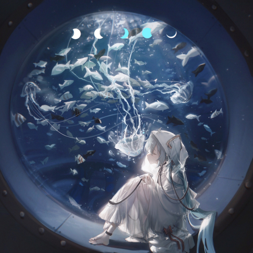 1girl ahoge air_bubble ankle_cuffs bangs barefoot bow bubble capelet choker commentary dress english_commentary from_side hair_ornament hair_through_headwear hatsune_miku highres hood hood_up hooded_capelet indoors jellyfish knees_up konya_karasu_kou long_hair long_sleeves moon_phases neck_ribbon ocean orca profile red_bow ribbon round_window school_of_fish see-through_silhouette sitting sitting_in_window solo very_long_hair vocaloid white_capelet white_dress window