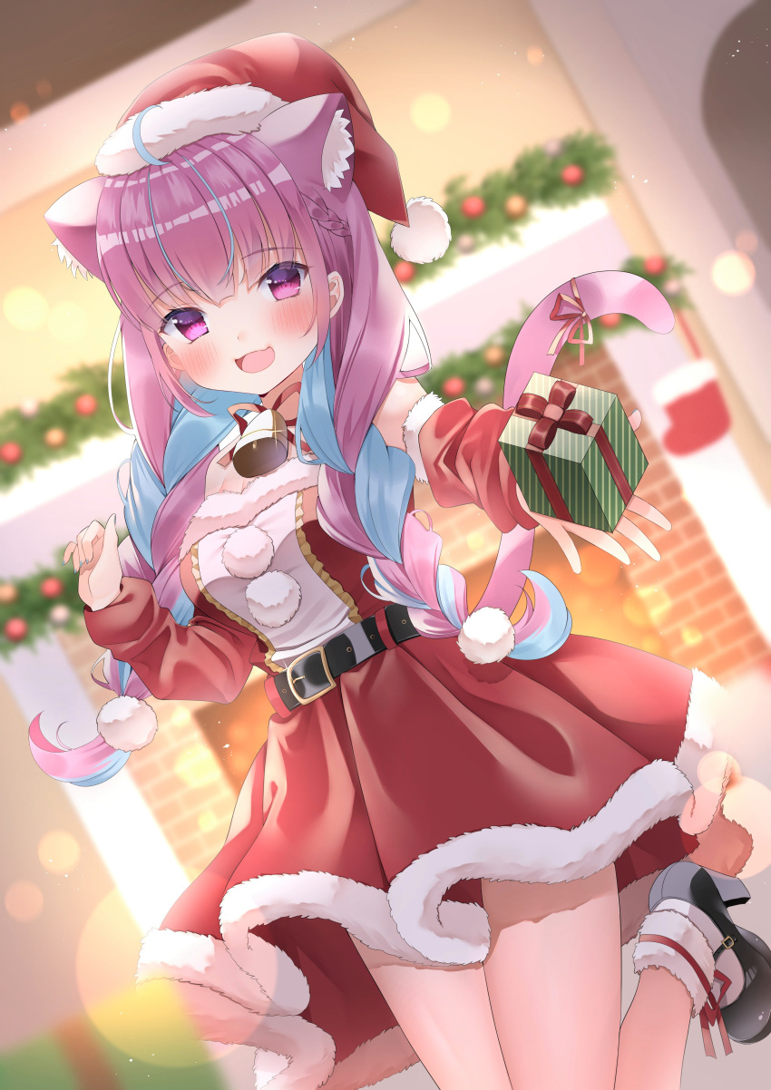 1girl :d absurdres animal_ear_fluff animal_ears bangs bell belt black_belt blue_hair blush braid breasts cat_ears cat_girl cat_tail christmas commentary_request detached_sleeves dress dutch_angle extra_ears eyebrows_visible_through_hair fireplace fur-trimmed_dress fur_trim gift hat high_heels highres holding holding_gift hololive incoming_gift indoors long_hair long_sleeves medium_breasts minato_aqua multicolored_hair mymerody4649 neck_bell outstretched_arm pink_hair red_dress santa_costume santa_hat smile solo standing standing_on_one_leg tail twin_braids twintails two-tone_hair violet_eyes virtual_youtuber