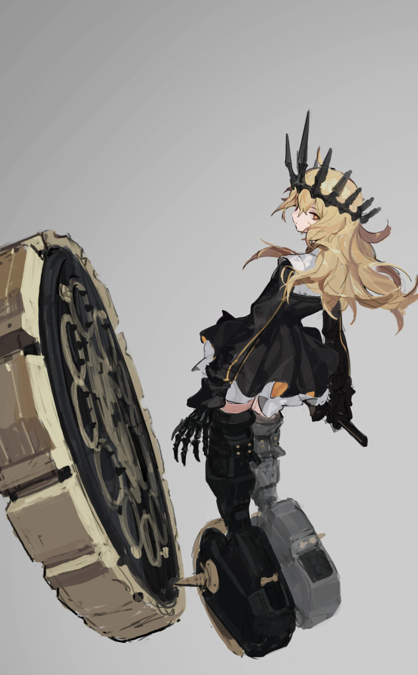 1girl absurdres bangs black_dress black_footwear black_rock_shooter blonde_hair boots chariot_(black_rock_shooter) claws closed_mouth crown dress grey_background highres jae0 long_hair long_sleeves looking_at_viewer looking_back sketch solo thigh-highs thigh_boots wheel yellow_eyes