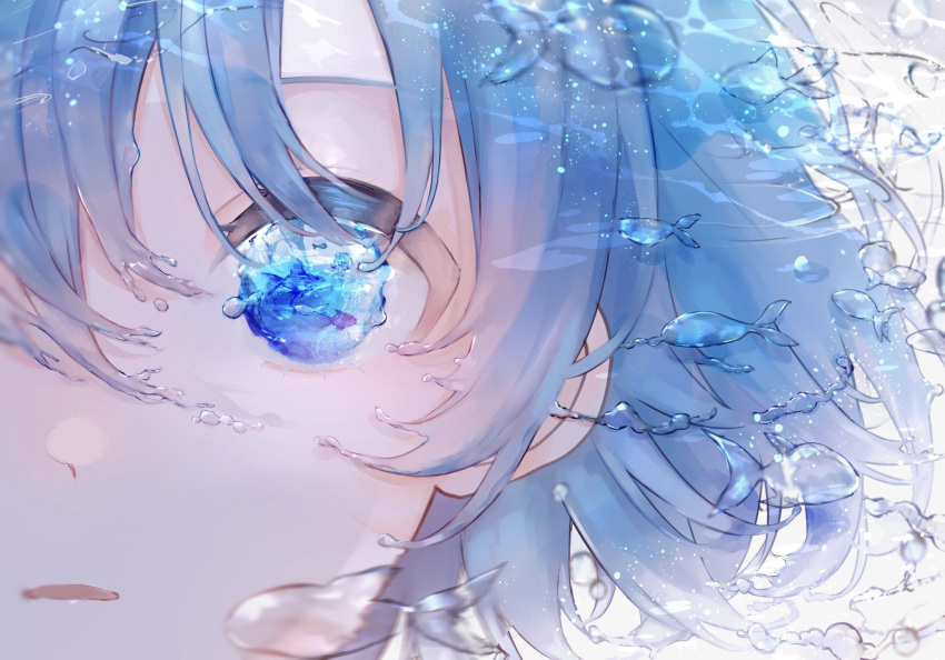 1girl bangs blue_eyes blue_hair bubble crying crying_with_eyes_open face highres kiwi500g liquid_hair looking_at_viewer open_mouth original solo tears transparent underwater
