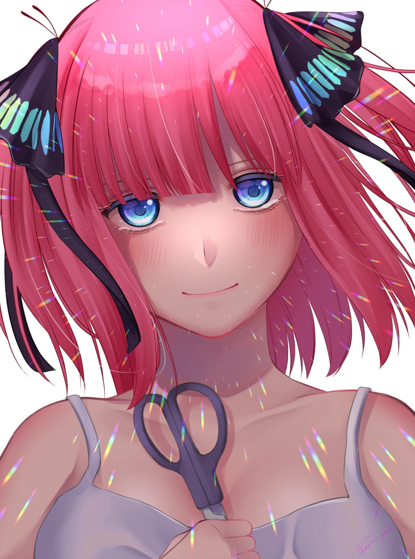1girl bangs black_ribbon blue_eyes blunt_bangs blush breasts butterfly_hair_ornament collarbone eyebrows_behind_hair go-toubun_no_hanayome hair_ornament highres holding holding_scissors large_breasts mnta_kyomu0213 nakano_nino pink_hair ribbon scissors shiny shirt simple_background smile tank_top twintails white_background white_shirt