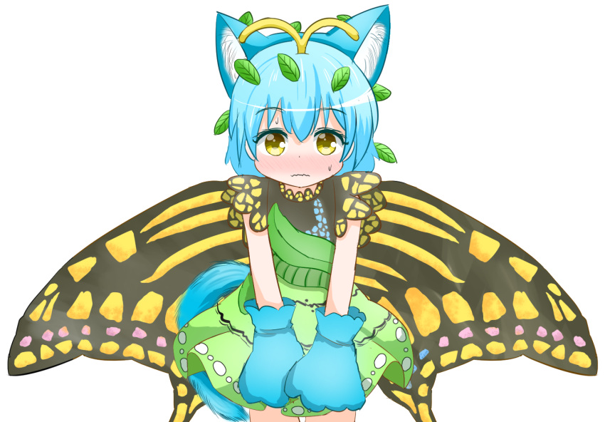 1girl animal_ears animal_hands antennae aqua_hair blush butterfly_wings cat_ears cat_paws cat_tail closed_mouth coruthi dress eternity_larva fairy fake_animal_ears green_dress leaf leaf_on_head multicolored_clothes multicolored_dress short_hair simple_background single_strap solo tail touhou wavy_mouth white_background wings yellow_eyes