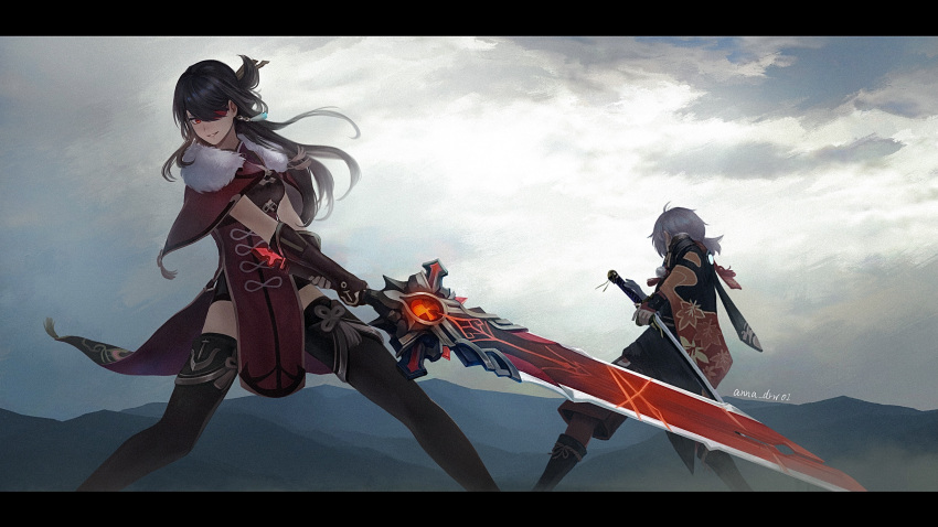 1boy 1girl anna_(drw01) beidou_(genshin_impact) black_hair fighting_stance genshin_impact greatsword grey_hair hair_ornament hair_stick highres holding holding_sword holding_weapon kaedehara_kazuha letterboxed long_hair mountainous_horizon one_eye_covered outdoors red_eyepatch red_eyes short_hair shorts sword thigh-highs vision_(genshin_impact) weapon wrist_guards