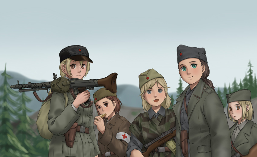 5girls absurdres armband bag bangs belt_buckle blonde_hair blue_eyes blue_headwear blue_shirt blue_sky blurry blurry_background bread_slice brown_eyes brown_hair brown_jacket buckle camouflage camouflage_shirt cross eating english_commentary food forest green_headwear green_jacket gun gun_request hair_between_eyes hat highres hill holding holding_food holding_gun holding_weapon holster jacket looking_ahead mardjan military military_jacket multiple_girls nature open_mouth original over_shoulder ponytail pouch red_cross red_star sajkaca shirt short_hair sidelocks sky sleeves_rolled_up sling smile swept_bangs tree weapon weapon_over_shoulder wing_collar world_war_ii yugoslavia