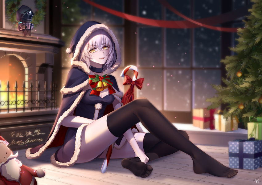 1girl absurdres arknights bangs bell black_cape black_dress black_legwear breasts cape capelet christmas christmas_tree doctor_(arknights) dress fate/grand_order fate_(series) fireplace fur-trimmed_cape fur-trimmed_capelet fur-trimmed_dress fur_trim highres jeanne_d'arc_(alter)_(fate) jeanne_d'arc_(fate) jingle_bell large_breasts legs looking_at_viewer open_mouth santa_costume short_hair silver_hair sitting smile solo stuffed_toy thigh-highs yellow_eyes zhenpiaoliang