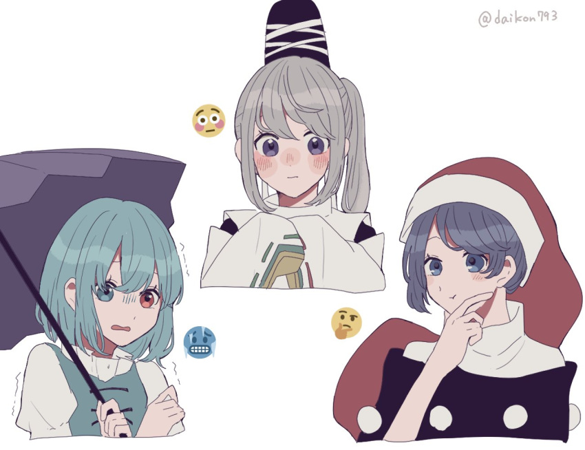 3girls aqua_vest black_capelet black_headwear blue_eyes blue_hair blush capelet closed_mouth doremy_sweet emoji hair_between_eyes hat heterochromia japanese_clothes karakasa_obake kariginu long_hair long_sleeves mononobe_no_futo multiple_girls nightcap open_mouth pom_pom_(clothes) ponytail pout red_eyes red_headwear shirt short_hair silver_hair simple_background sleeves_past_fingers sleeves_past_wrists suzushiro_(daikon793) tatara_kogasa tate_eboshi thinking_emoji touhou twitter_username umbrella white_background white_shirt