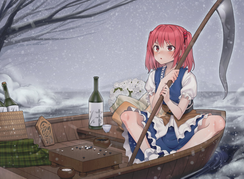 1girl :o bangs blue_kimono blush boat bottle bouquet bowl brown_sash choko_(cup) coin_on_string commentary_request cup flower frilled_sleeves frills goback hair_bobbles hair_ornament highres holding holding_scythe japanese_clothes kimono knees korean_commentary medium_hair obi onozuka_komachi open_mouth plaid_shawl puffy_short_sleeves puffy_sleeves red_eyes redhead ripples rod_of_remorse rose sandals sash scythe shinigami short_kimono short_sleeves sitting snowing socks solo tongue touhou tree two_side_up waiting water watercraft white_flower white_legwear white_rose wine_bottle winter