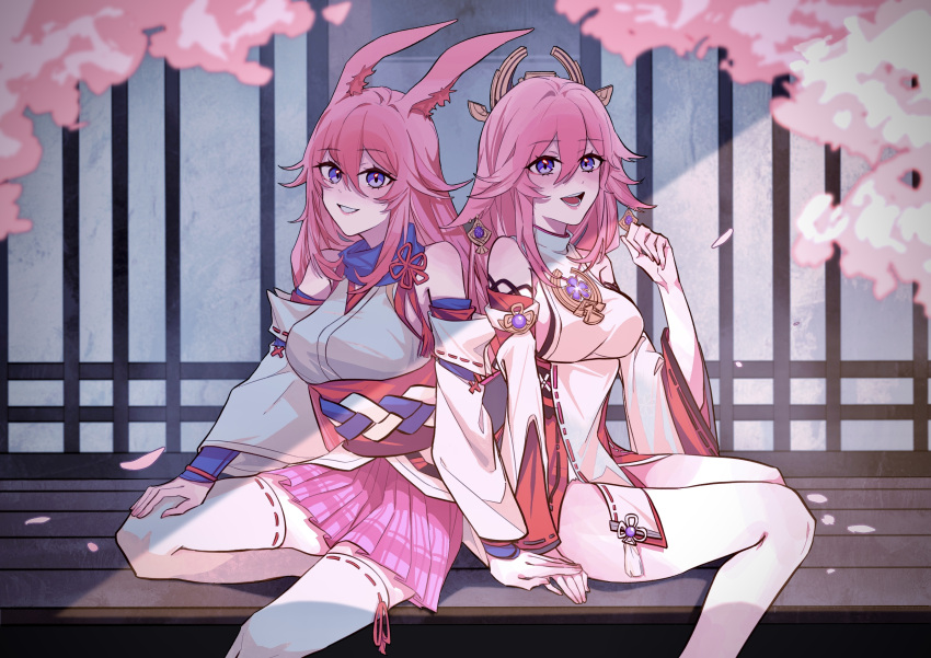 2girls :d absurdres animal_ears bangs bare_shoulders cherry_blossoms company_connection crossover fox_ears fox_mask genshin_impact hair_between_eyes hair_ornament highres holding_hands honkai_(series) honkai_impact_3rd japanese_clothes kile_chou long_hair looking_at_viewer mask mihoyo_technology_(shanghai)_co._ltd. miko multiple_girls open_mouth petals pink_hair pink_skirt sitting skirt smile thigh-highs trait_connection violet_eyes voice_actor_connection white_legwear yae_(genshin_impact) yae_sakura yae_sakura_(gyakushinn_miko)