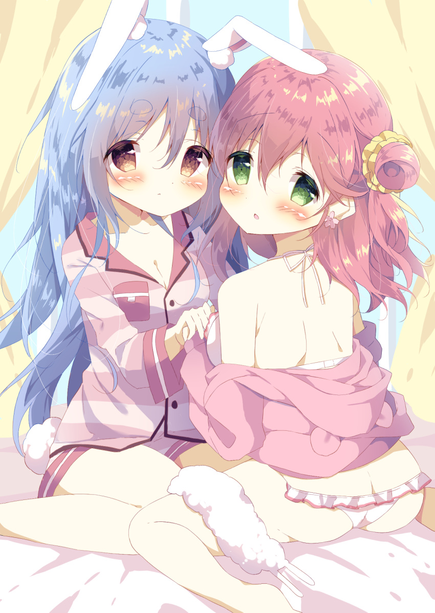 2girls animal_ear_fluff animal_ears animal_hood ass bare_shoulders bear_ears bear_hood bed_sheet blue_hair blush bra breasts brown_eyes butt_crack closed_mouth commentary_request curtains fake_animal_ears frilled_panties frills green_eyes hair_bun hamada_pengin highres holding_hands hololive hood jacket long_hair long_sleeves medium_breasts multiple_girls off_shoulder open_clothes open_jacket panties parted_lips pink_hair pink_jacket rabbit_ears rabbit_girl rabbit_tail sakura_miko short_eyebrows short_shorts shorts side_bun sitting sleeves_past_wrists striped striped_jacket tail thick_eyebrows underwear usada_pekora very_long_hair virtual_youtuber wariza white_bra white_panties white_shorts