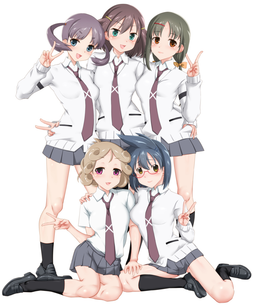 arm_around_waist bangs black_footwear black_legwear blonde_hair blue_eyes blue_hair blush brown_hair cardigan closed_mouth commentary curly_hair dress_shirt ezaki_hitomi green_eyes grey_hair grey_sky hair_ornament hair_ribbon hairclip hanada_kirame hand_on_another's_ass hand_on_another's_knee highres loafers long_hair long_sleeves looking_at_viewer low_twintails medium_hair messy_hair miniskirt necktie open_mouth orange_ribbon pleated_skirt pose red-framed_eyewear red_eyes ribbon saki saki_achiga-hen school_uniform semi-rimless_eyewear seushiki_(ponti-ron) shindouji_school_uniform shirouzu_mairu shirt shoes short_hair short_sleeves side-by-side simple_background sitting skirt smile socks standing tsuruta_himeko twintails under-rim_eyewear v violet_eyes white_background white_cardigan white_shirt wing_collar yasukouchi_yoshiko yokozuwari