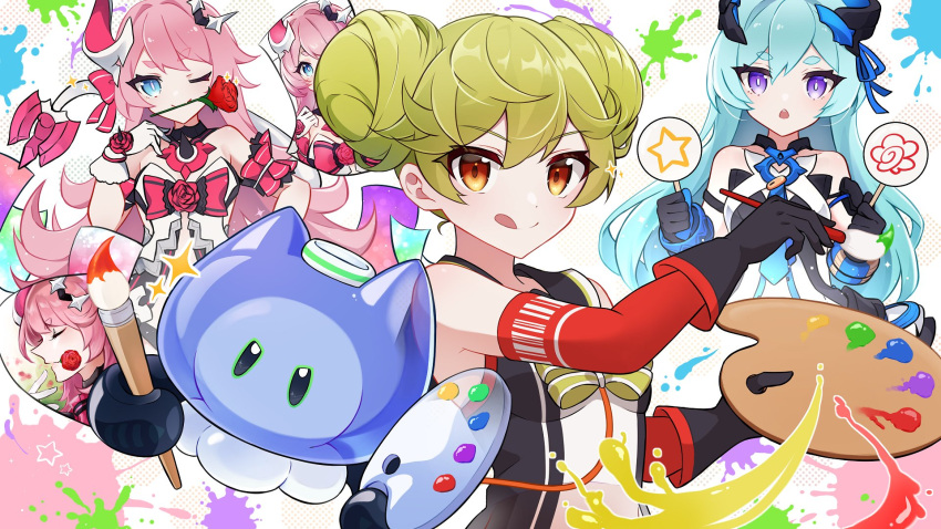 3girls :o ai-chan_(honkai_impact) bangs bare_shoulders black_gloves blue_eyes blue_hair closed_mouth double_bun dress flower gloves green_hair hair_between_eyes hair_ornament highres holding holding_brush honkai_(series) honkai_impact_3rd horns in_mouth kuroha1873 liliya_olenyeva multiple_girls one_eye_closed open_mouth orange_eyes paintbrush palette_(object) pink_hair red_flower red_rose rose rozaliya_olenyeva siblings single_horn sleeveless sleeveless_dress smile tail thick_eyebrows tongue tongue_out twins white_background white_gloves