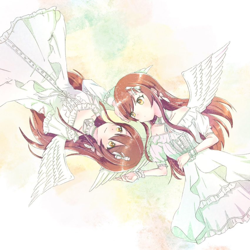 2girls angel_wings belt black_wings blouse blue_dress blurry_foreground brown_eyes brown_hair commentary_request dress feathers flower frilled_hairband frills hair_flower hair_ornament hair_ribbon hairband hatena_nano highres idolmaster idolmaster_shiny_colors long_hair long_sleeves looking_at_viewer multiple_girls neck_ribbon oosaki_amana oosaki_tenka pink_shorts ribbon sailor_collar shorts siblings twins white_blouse white_wings wings