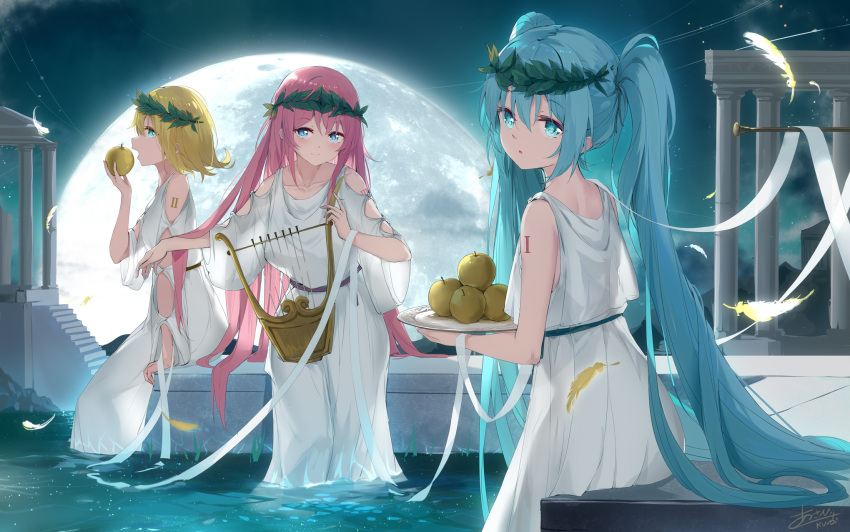 3girls apoptygma apple aqua_eyes aqua_hair arm_at_side arm_support arm_tattoo asahi_kuroi bangs blue_eyes blue_hair breasts building chiton collarbone commentary dress eating english_commentary feathers flipped_hair food fruit full_moon goddess golden_apple grass greek_clothes greek_mythology hand_up hatsune_miku head_wreath highres holding holding_food holding_fruit holding_instrument holding_plate instrument kagamine_rin large_breasts laurel_crown light_particles long_hair long_sleeves looking_at_viewer looking_back megurine_luka moon motion_blur multiple_girls night night_sky open_mouth outstretched_arm peplos pillar pink_hair plate pond profile puffy_long_sleeves puffy_sleeves ribbon sash short_hair sidelocks sitting sky sleeveless smile standing star_(sky) straight_hair tattoo twintails very_long_hair vocaloid wading water white_dress white_ribbon