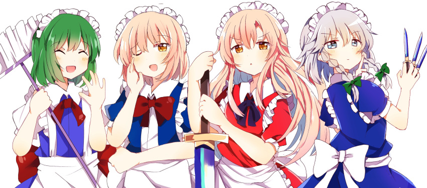 4girls :o absurdres apron back_bow between_fingers black_ribbon blonde_hair blue_dress blue_eyes blush bow bowtie braid broom closed_eyes collared_dress commentary_request dress eyebrows_visible_through_hair frilled_apron frills green_hair highres holding holding_broom holding_sword holding_weapon izayoi_sakuya knife long_hair looking_at_viewer maid maid_apron maid_headdress mugetsu_(touhou) multiple_girls one_eye_closed open_mouth puffy_short_sleeves puffy_sleeves red_bow red_bowtie red_dress red_ribbon ribbon ruukoto short_hair short_sleeves silver_hair simple_background suspenders sword touhou touhou_(pc-98) twin_braids v-shaped_eyebrows very_long_hair waist_apron weapon white_apron white_background white_bow yellow_eyes yumeko_(touhou) zeroko-san_(nuclear_f)