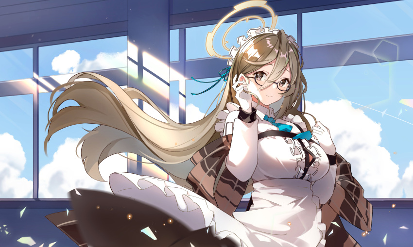 1girl absurdres adjusting_hair akane_(blue_archive) apron bangs black-framed_eyewear blue_archive blue_necktie blue_ribbon blue_sky blush breasts brown_eyes brown_hair bursting_breasts clouds day dress floating_hair frills from_side glasses gloves hair_behind_ear hair_between_eyes hair_ribbon hair_tucking halo hands_up highres indoors large_breasts light_particles long_hair long_sleeves looking_at_viewer looking_to_the_side maid maid_headdress maorzshu necktie plaid_shawl ribbon shawl sideways_glance sky smile solo upper_body very_long_hair waist_apron white_apron white_gloves wind wind_lift window