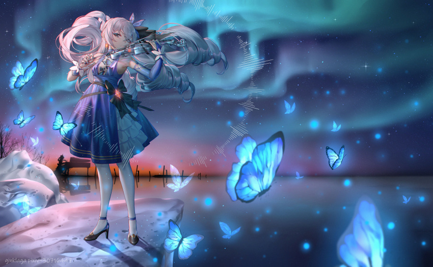 2girls bangs black_footwear blue_butterfly blue_dress bronya_zaychik bug butterfly closed_mouth dress drill_hair earrings ginklaga gloves grey_eyes grey_hair high_heels highres holding holding_instrument honkai_(series) honkai_impact_3rd instrument jewelry long_hair looking_at_viewer multiple_girls music night night_sky outdoors piano playing_instrument single_glove sky sleeveless sleeveless_dress standing theresa_apocalypse thigh-highs twin_drills violin water white_legwear