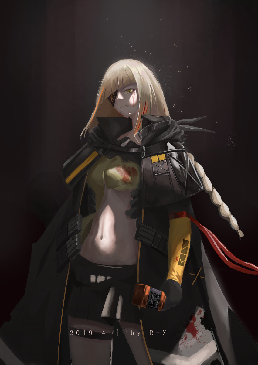 1girl absurdres alcohol artist_name bangs black_cloak black_eyepatch black_skirt blonde_hair blood blood_on_clothes blood_on_face bottle braid breasts cloak closed_mouth dated eyebrows_visible_through_hair eyepatch feet_out_of_frame girls_frontline hair_between_eyes highres holding holding_bottle jack_daniel's long_hair looking_away m16a1_(girls'_frontline) multicolored_hair navel regenerate-x shirt simple_background skirt solo standing torn_clothes torn_shirt whiskey yellow_eyes yellow_shirt