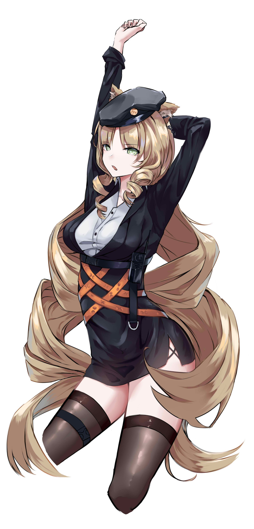 1girl 9h absurdres animal_ears arknights arm_behind_head arms_up bangs belt black_skirt blonde_hair breasts chinese_commentary cowgirl_position cross-laced_clothes drill_hair eyebrows_visible_through_hair forehead green_eyes hat highres long_hair open_mouth pantyhose parted_bangs shirt simple_background skirt solo straddling stretch swire_(arknights) taut_clothes taut_shirt thigh-highs tiger_ears tiger_girl tilted_headwear twin_drills white_background white_shirt