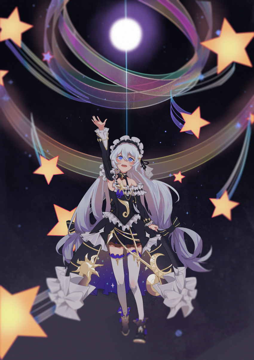 1girl :d absurdres bangs bare_shoulders black_dress black_sleeves blue_eyes dress frilled_dress frills full_body full_moon hair_ribbon highres honkai_(series) honkai_impact_3rd kile_chou long_hair looking_up moon open_mouth outstretched_arm ribbon smile solo space star_(sky) theresa_apocalypse theresa_apocalypse_(celestial_hymn) thigh-highs twintails white_hair white_legwear