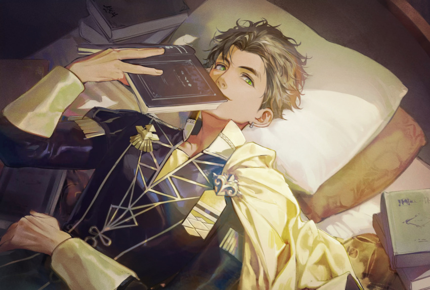 1boy bed black_hair black_jacket book capelet claude_von_riegan closed_mouth cowboy_shot earrings fire_emblem fire_emblem:_three_houses garreg_mach_monastery_uniform green_eyes highres holding holding_book jacket jewelry kkia long_sleeves looking_at_viewer lying male_focus on_back pillow short_hair single_earring smile solo yellow_capelet