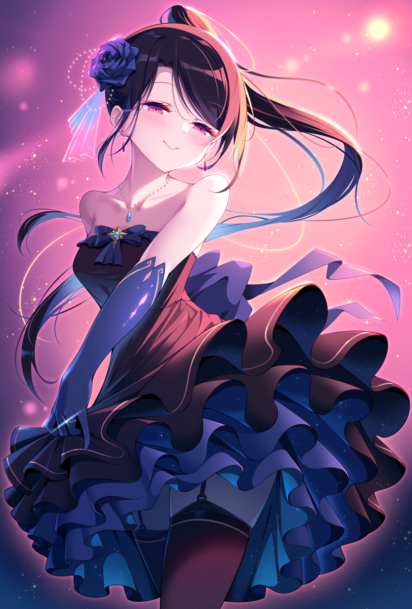 1girl backlighting bangs bare_shoulders black_dress black_hair blush bow breasts closed_mouth clothes_lift collarbone cowboy_shot dress dress_lift earrings elbow_gloves eyebrows_visible_through_hair flower frilled_dress frills garter_belt gloves hair_flower hair_ornament highres jewelry kagami_(galgamesion) lifted_by_self long_hair looking_at_viewer medium_breasts necklace original parted_bangs parted_lips pleated_dress ponytail purple_flower purple_gloves purple_ribbon red_eyes ribbon ring skindentation smile solo standing strapless strapless_dress thigh-highs very_long_hair