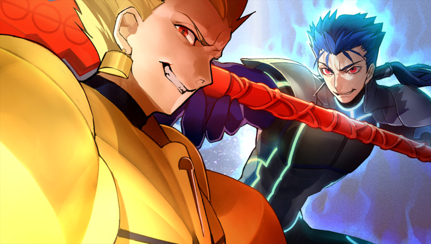 2boys armor aura blonde_hair blue_hair body_armor bodysuit cu_chulainn_(fate) cu_chulainn_(fate/extra) earrings fate/extella fate/extra fate_(series) gae_bolg_(fate) game_cg gilgamesh_(fate) gold_armor hairband highres jewelry looking_at_another looking_at_viewer multiple_boys neon_trim non-web_source official_alternate_costume official_art photoshop_(medium) polearm ponytail red_eyes shoulder_armor spear teeth wada_arco weapon