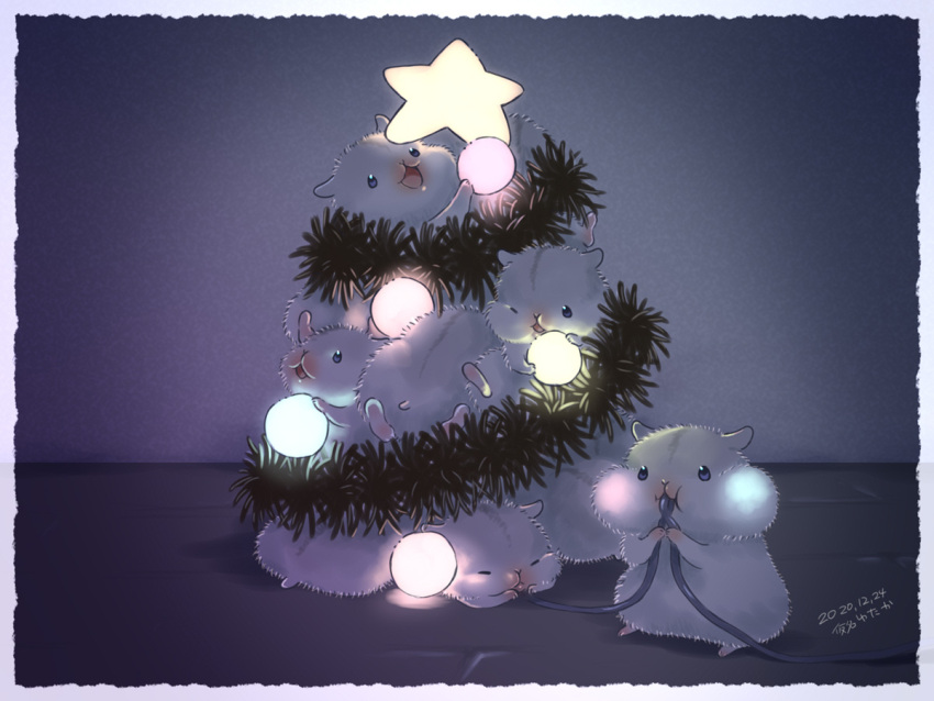 :d animal_focus border cable cheek_bulge christmas christmas_lights christmas_ornaments christmas_tree closed_eyes hamster holding karikankan mouth_hold night no_humans one_eye_closed original sleeping smile stacking star_(symbol) tinsel