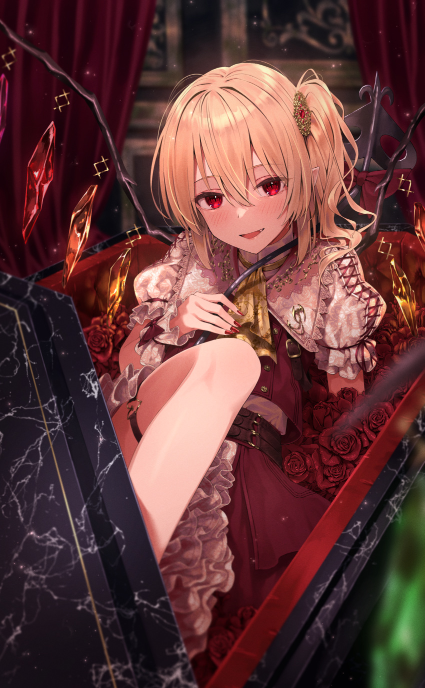 1girl absurdres ascot bangs belt blonde_hair blush bow coffin cross-laced_clothes cross-laced_sleeves crystal curtains embellished_costume eyelashes fang fingernails flandre_scarlet flower frilled_shirt_collar frilled_skirt frills gold greenkohgen hair_ornament highres holding indoors knee_up laevatein_(touhou) looking_at_viewer multiple_belts nail_polish no_hat no_headwear one_side_up open_mouth pointy_ears red_bow red_curtains red_eyes red_flower red_nails red_ribbon red_rose red_skirt red_vest ribbon rose shirt short_hair side_ponytail sitting skirt slit_pupils smile solo thigh_strap tongue touhou vest white_shirt wings wrist_cuffs yellow_ascot