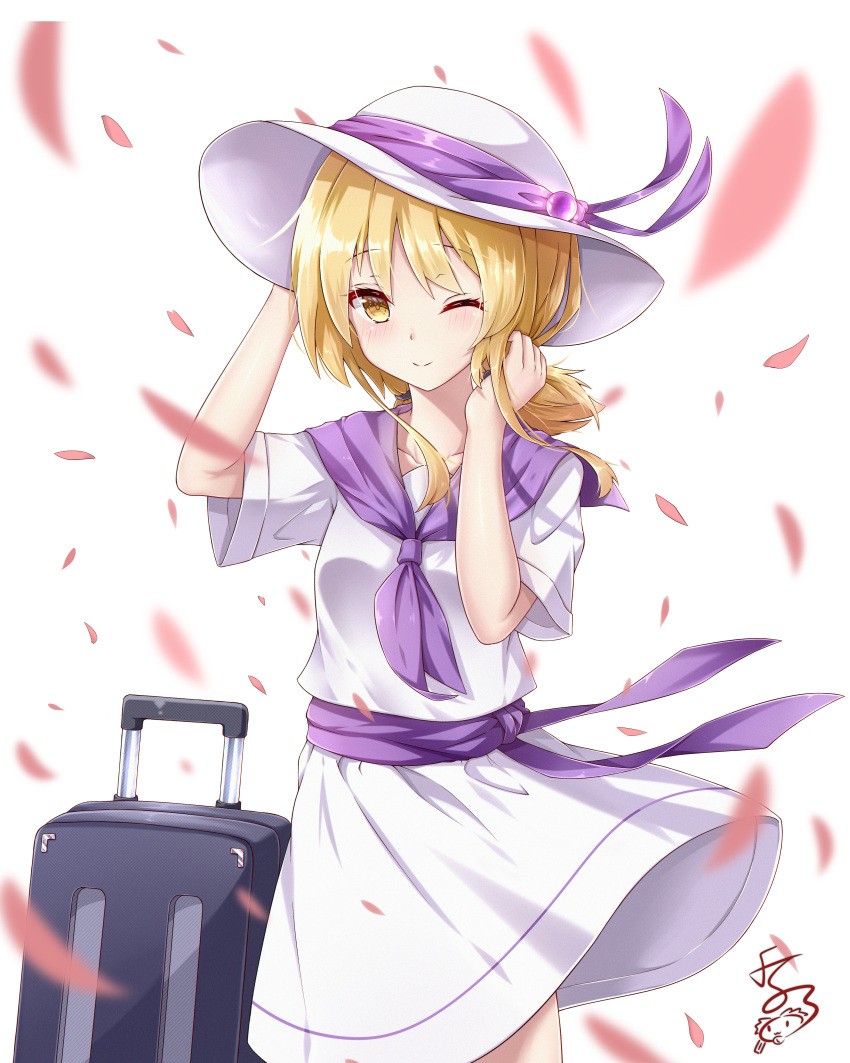 1girl absurdres blonde_hair closed_mouth commentary_request feng_ling_(fenglingwulukong) hand_in_hair hand_on_headwear hat highres louise_(touhou) low_twintails medium_hair neckerchief one_eye_closed petals purple_neckerchief purple_ribbon purple_sailor_collar purple_sash ribbon sailor_collar sash shirt short_sleeves simple_background smile suitcase sun_hat touhou touhou_(pc-98) twintails white_background white_headwear white_shirt yellow_eyes