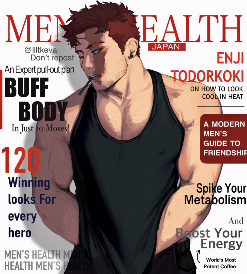 1boy bare_shoulders beard black_pants boku_no_hero_academia collarbone earrings endeavor_(boku_no_hero_academia) english_text facial_hair grey_background highres jewelry keva_(liltkeva) male_focus mature_male mouth_hold muscular muscular_male one_eye_closed pants pectorals redhead scar scar_across_eye scar_on_face short_hair sideburns solo spiky_hair tank_top