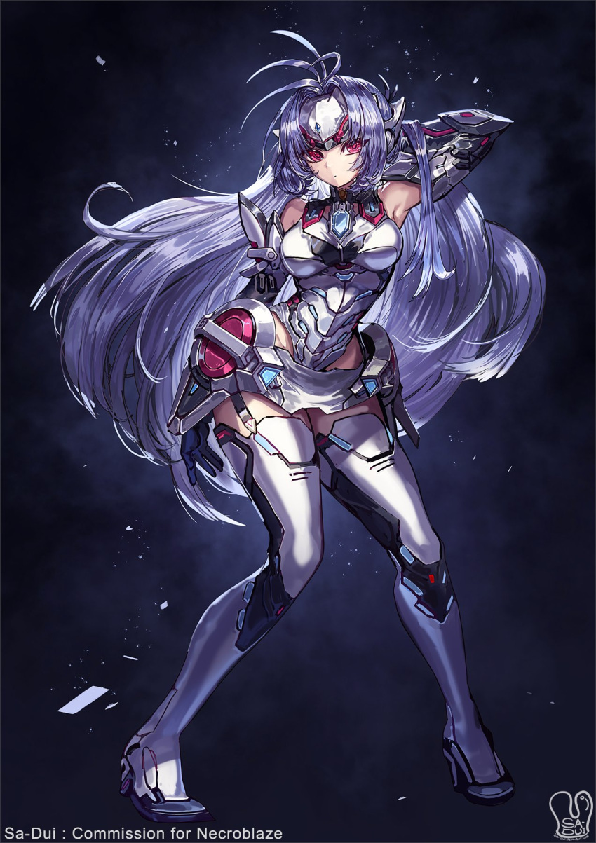 1girl android armpits blue_hair forehead_protector glowing_crystal highres kos-mos kos-mos_re: long_hair red_eyes sa-dui signature solo very_long_hair xenoblade_chronicles_(series) xenoblade_chronicles_2 xenosaga