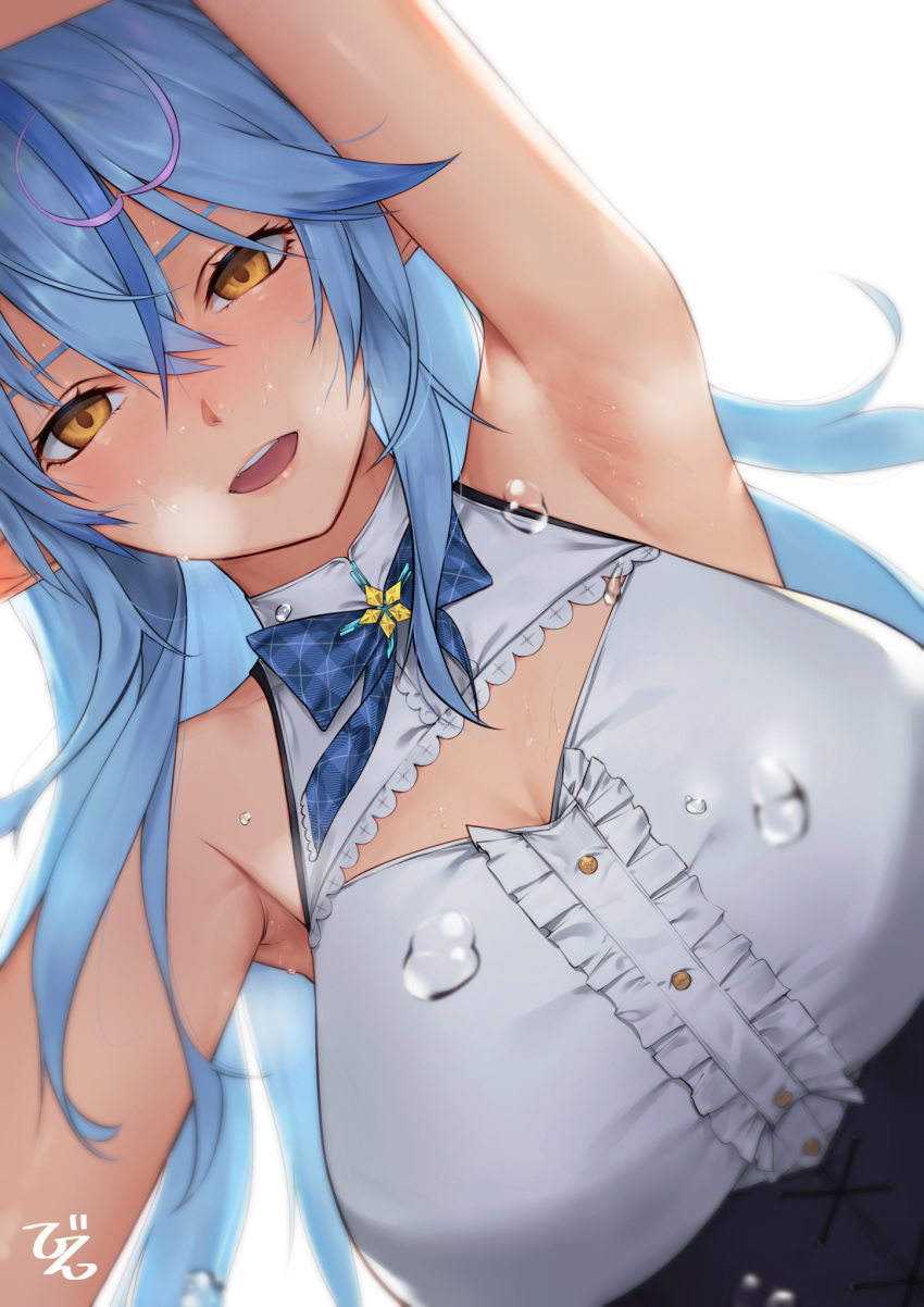 1girl arm_up armpits bangs beeeeen blue_bow blue_bowtie blue_hair bow bowtie breasts cleavage_cutout clothing_cutout colored_tips crossed_bangs elf frilled_shirt frills hair_between_eyes highres hololive large_breasts looking_at_viewer multicolored_hair open_mouth pointy_ears purple_hair shirt simple_background sleeveless sleeveless_shirt solo streaked_hair sweat teeth two-tone_hair underbust upper_body upper_teeth virtual_youtuber water_drop white_background yellow_eyes yukihana_lamy