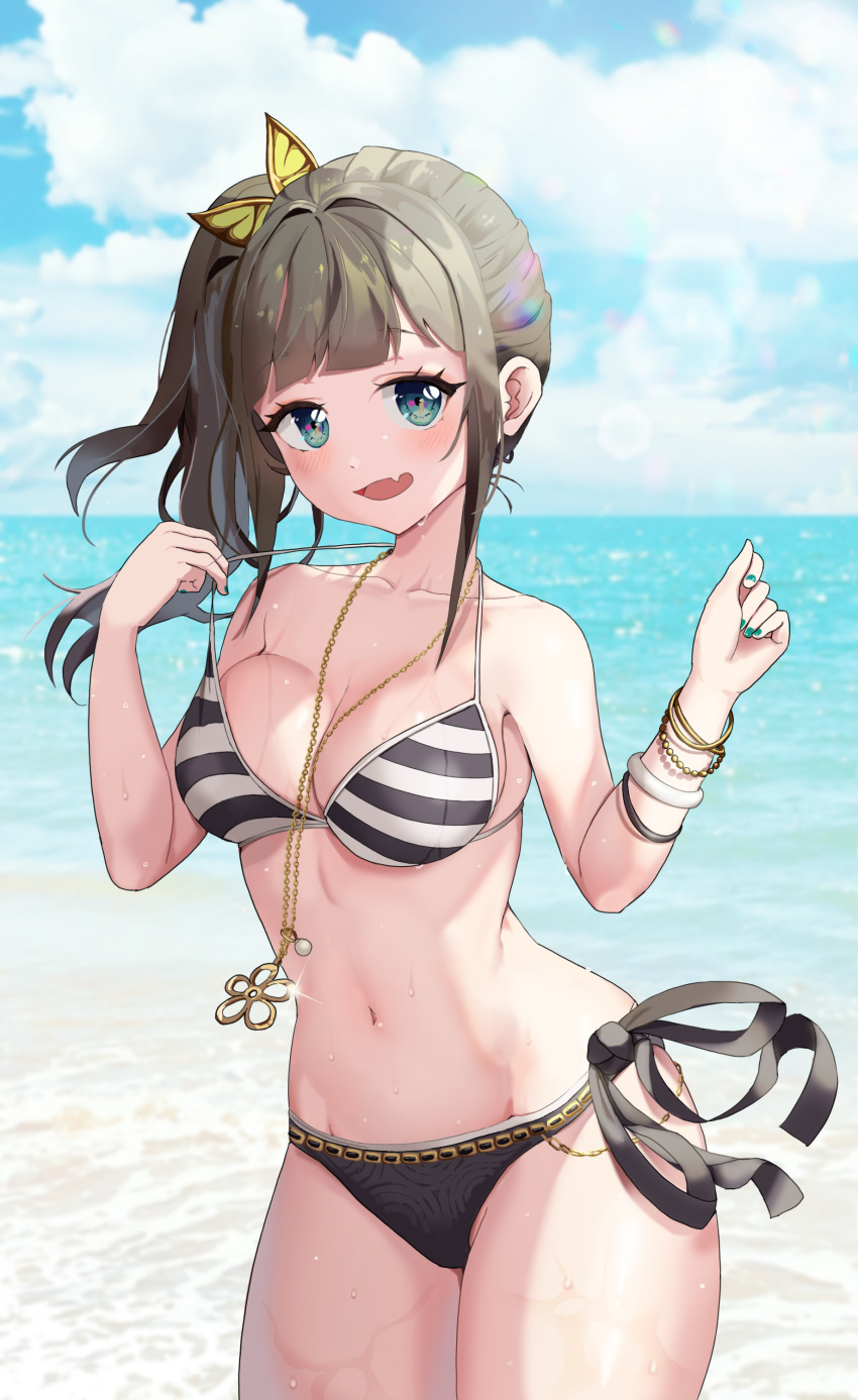 1girl absurdres bangs between_breasts bikini black_bikini blade_&amp;_soul blue_eyes blunt_bangs blush bracelet breasts brown_hair butterfly_hair_ornament clouds cowboy_shot day eyebrows_visible_through_hair fang green_nails hair_intakes hair_ornament highres horizon jewelry large_breasts long_hair looking_at_viewer navel necklace ocean open_mouth original side-tie_bikini side_ponytail skin_fang sky smile solo stomach strap_lift striped striped_bikini swimsuit unaligned_breasts wet white_bikini yuchae