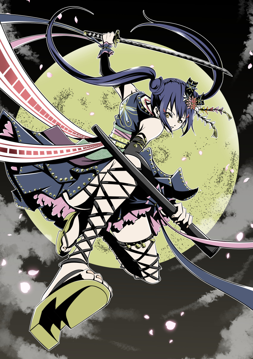 1girl absurdres bangs blue_hair detached_sleeves earrings floating floating_hair flying full_body full_moon hair_ornament highres holding holding_sword holding_weapon japanese_clothes jewelry katana kimono long_hair love_live! love_live!_school_idol_project moon night sheath solo sonoda_umi swept_bangs sword twintails weapon yellow_eyes