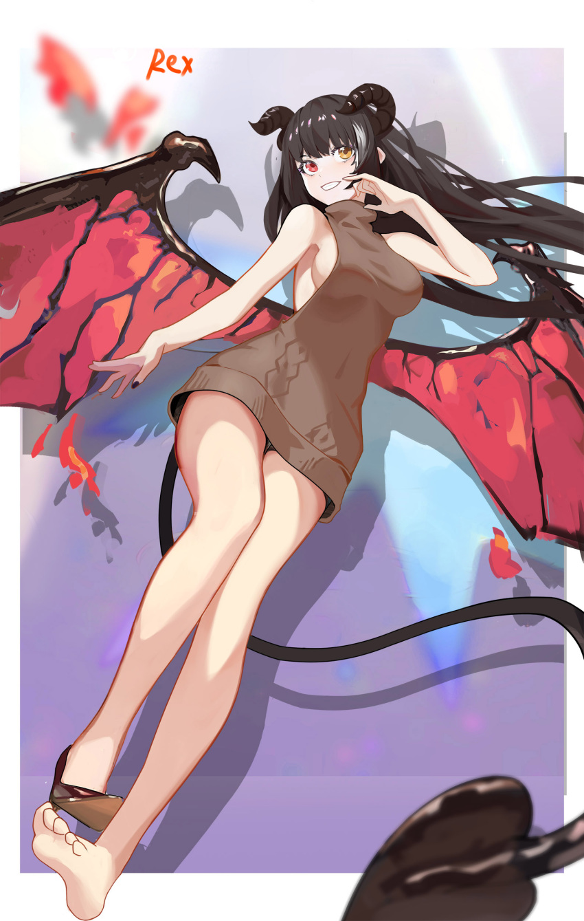 1girl absurdres arm_up artist_name bangs bare_legs barefoot black_hair black_nails breasts brown_footwear brown_sweater_vest demon_horns demon_tail demon_wings eyebrows_visible_through_hair full_body girls_frontline heterochromia highres horns legs long_hair looking_at_viewer medium_breasts multicolored_hair nail_polish open_mouth red_eyes regenerate-x ro635_(girls'_frontline) shoes sideboob simple_background single_shoe soles solo sweater_vest tail wings yellow_eyes