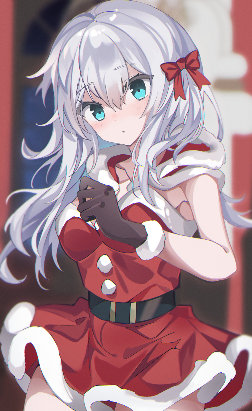 1girl absurdres belt belt_buckle black_belt black_gloves blue_eyes bow buckle capelet christmas commentary_request dress fathom fur-trimmed_capelet fur-trimmed_dress fur-trimmed_gloves fur_trim gloves hair_ribbon hibiki_(kancolle) highres kantai_collection looking_at_viewer red_bow red_capelet red_dress red_ribbon ribbon santa_costume santa_dress silver_hair solo white_hair
