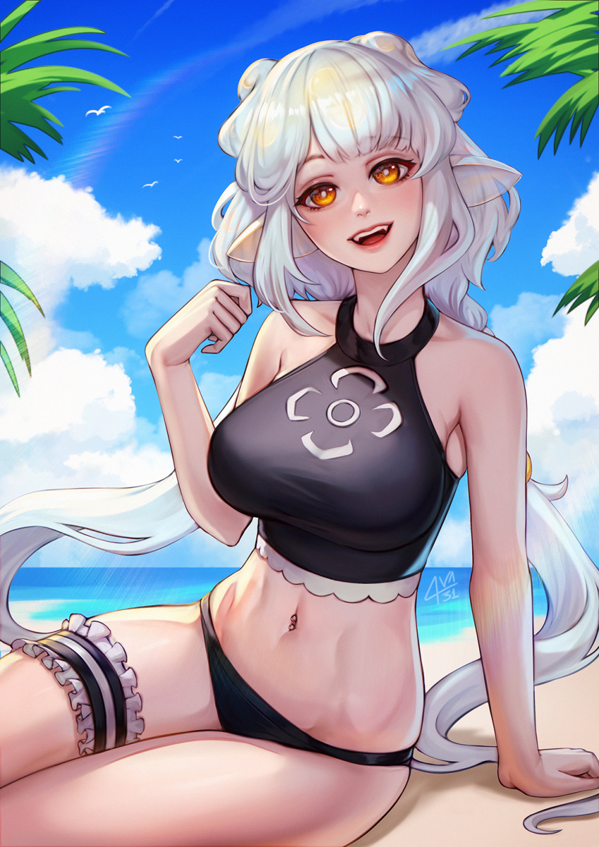 1girl agari_yoku animal_ears ava_(ava31) beach bikini bikini_bottom breasts brown_eyes clouds collarbone frilled_straps halter_top halterneck head_tilt highres indie_virtual_youtuber large_breasts looking_at_viewer midriff navel navel_piercing open_mouth piercing sitting sky smile solo swimsuit thigh_strap virtual_youtuber white_hair