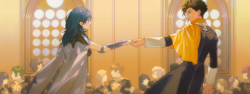 1boy 1girl black_hair black_jacket blue_eyes blue_hair bracer byleth_(fire_emblem) byleth_eisner_(female) cape capelet claude_von_riegan closed_mouth cowboy_shot earrings fire_emblem fire_emblem:_three_houses garreg_mach_monastery_uniform green_eyes grey_cape highres holding_hands jacket jewelry kkia long_hair long_sleeves looking_at_another profile short_hair single_earring smile standing yellow_capelet