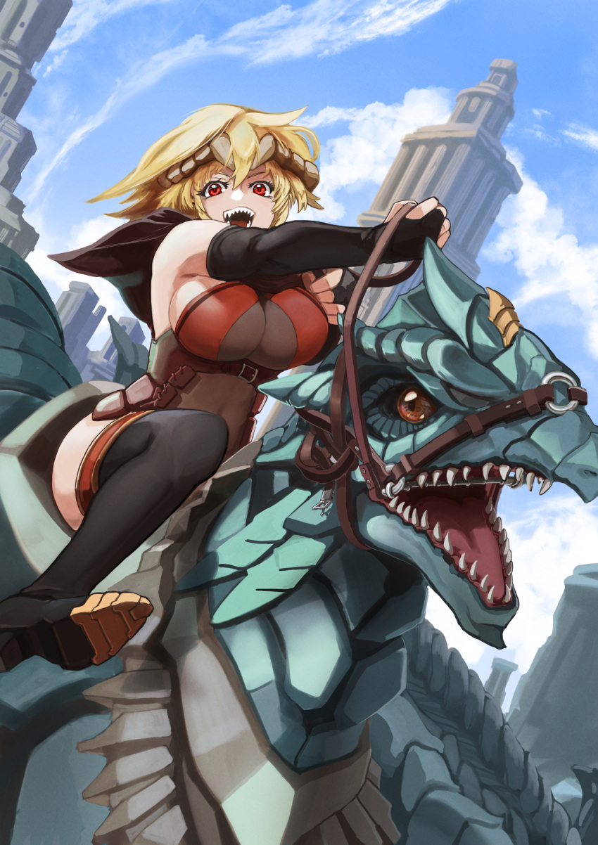 1girl belt black_capelet black_footwear black_legwear blonde_hair breasts brown_eyes capelet day dragon elbow_gloves fujioka_yatsufusa gloves highres horns krushu_cornou large_breasts looking_at_viewer medium_hair open_mouth outdoors pixiv_fantasia pixiv_fantasia_last_saga red_eyes reins saddle sharp_teeth solo teeth thigh-highs