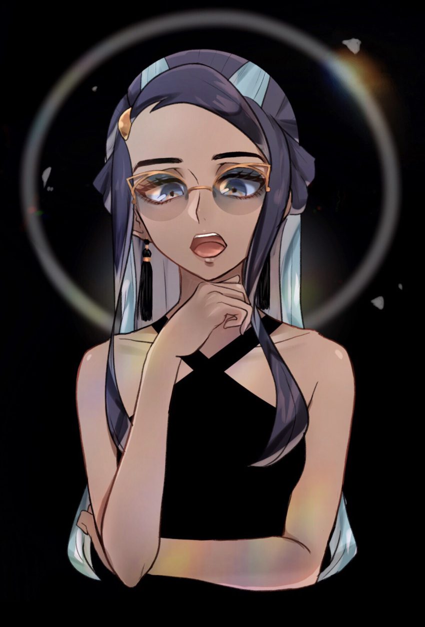 1girl alternate_costume bare_arms bespectacled black_background black_hair black_shirt blue_eyes blue_hair blurry collarbone dark-skinned_female dark_skin echizen_(n_fns17) eyelashes glasses hand_up highres long_hair looking_down multicolored_hair nessa_(pokemon) open_mouth pokemon pokemon_(game) pokemon_swsh round_eyewear shirt sidelocks sleeveless sleeveless_shirt solo teeth tongue two-tone_hair upper_body upper_teeth