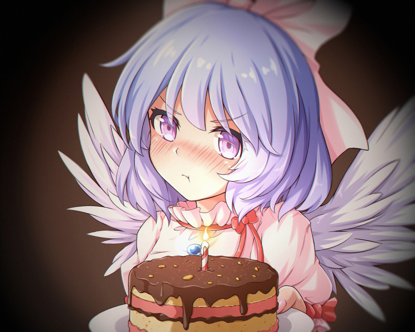 1girl :t angel_wings birthday birthday_cake blush bow brown_background cake candle closed_mouth commentary_request dress feathered_wings feng_ling_(fenglingwulukong) food hair_bow highres light_purple_hair mai_(touhou) pink_bow pink_dress pout puffy_short_sleeves puffy_sleeves red_bow red_ribbon ribbon short_hair short_sleeves touhou touhou_(pc-98) v-shaped_eyebrows violet_eyes white_wings wings