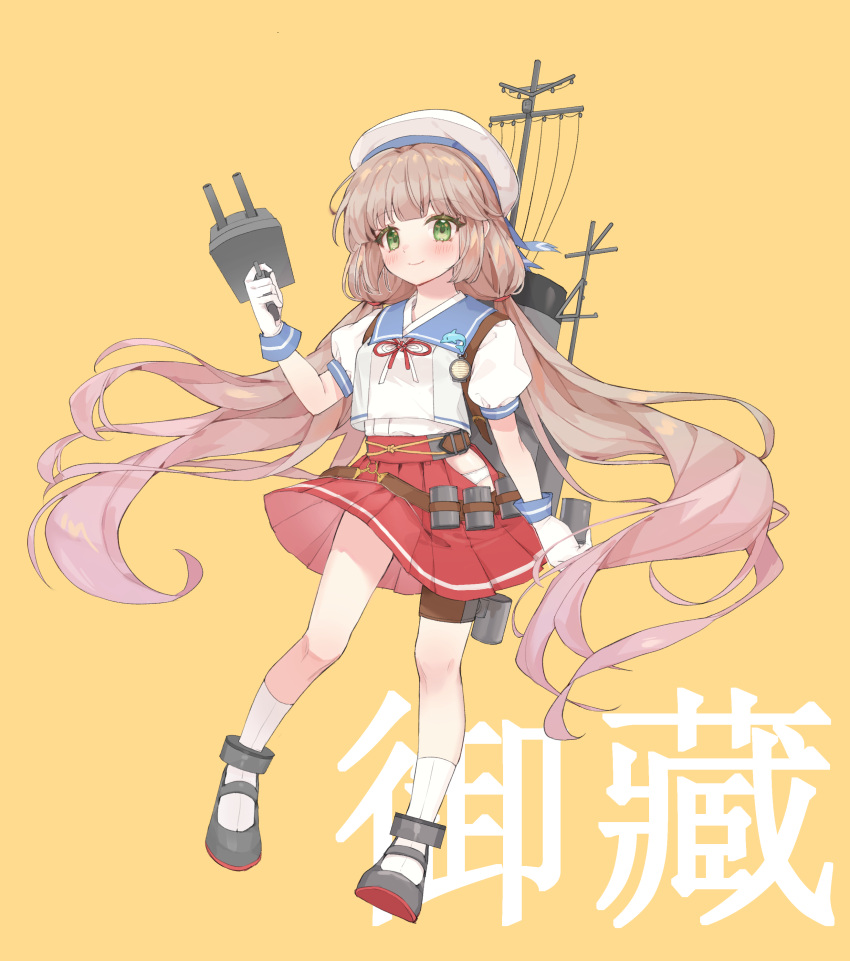 1girl absurdres adapted_turret blue_sailor_collar cannon depth_charge dolphin full_body gloves green_eyes hat highres hip_vent kantai_collection light_brown_hair long_hair low_twintails mikura_(kancolle) mochizuki_inochi panties pleated_skirt puffy_short_sleeves puffy_sleeves red_skirt rigging sailor_collar sailor_hat sailor_shirt shirt short_sleeves skirt smokestack socks solo thigh_strap twintails underwear white_gloves white_legwear white_panties white_shirt
