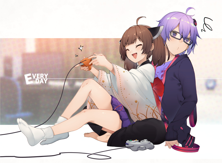 1boy 1girl absurdres ahoge animal_hood bangs barefoot black_pants blush brown_hair closed_eyes closed_mouth commentary_request eyebrows_visible_through_hair floral_print gamecube_controller glasses hair_ornament headgear hetero highres hood hood_down hooded_jacket jacket japanese_clothes long_sleeves obi open_mouth pants playing_games purple_hair sash shirinda_fureiru sitting sitting_on_lap sitting_on_person squiggle sweat tabi touhoku_kiritan violet_eyes voiceroid wide_sleeves yuzuki_yukari's_younger_twin_brother