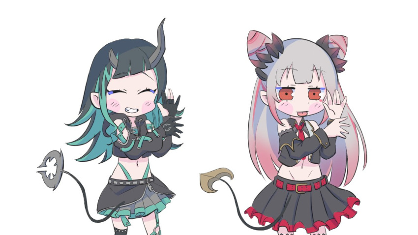 2girls asymmetrical_gloves bangs belt beltbra black_gloves black_hair black_jacket black_legwear black_skirt black_sleeves black_vest blue_belt blue_hair blue_panties blush chest_belt chibi closed_eyes clothing_cutout commentary_request cowboy_shot cropped_jacket cropped_vest cross-laced_sleeves demon_girl demon_horns demon_tail detached_sleeves eyebrows_visible_through_hair fang flat_chest frilled_skirt frills garter_straps gin_(tttetu123) gloves gradient_hair grey_hair grey_skirt grin hair_cones highleg highleg_panties honey_strap horns interlocked_fingers jacket layered_skirt long_hair long_sleeves midriff multicolored_hair multiple_girls navel necktie open_clothes open_jacket open_mouth open_vest panties partially_fingerless_gloves pink_hair pointy_ears red_belt red_eyes red_necktie shishio_chris shoulder_cutout single_thighhigh skirt smile sugar_lyric suou_patra tail thigh-highs tongue tongue_out two-tone_hair underwear vest virtual_youtuber zipper zipper_skirt