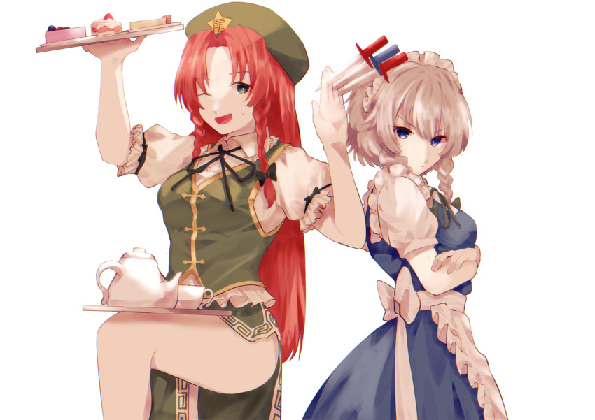 2girls :t absurdres apron aqua_eyes back_bow balancing bangs beret blue_dress blue_eyes blush bow breasts chinese_clothes collared_shirt crossed_arms cup dessert dress food frilled_apron frilled_sleeves frills gold_trim green_headwear green_vest hair_ribbon hat hat_ornament highres holding holding_knife hong_meiling izayoi_sakuya knife knives_between_fingers long_hair looking_at_viewer maid maid_apron maid_headdress medium_breasts medium_hair multiple_girls parted_bangs plate pout puffy_short_sleeves puffy_sleeves redhead ribbon sash shirt short_sleeves side_slit sidelocks simple_background somei_ooo standing star_(symbol) star_hat_ornament strawberry_shortcake sweatdrop teacup teapot thighs touhou tray tress_ribbon twintails v-shaped_eyebrows vest white_apron white_background white_sash white_shirt wing_collar